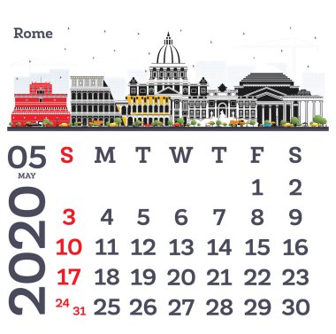 Roma Şehir Skyline ile Mayıs 2020 Takvim Şablonu. Vektör İllüstrasyon. Yazdırma Şablonu. Hafta Pazar'dan başlar.