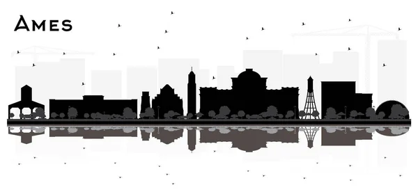 Ames Iowa skyline zwart-wit silhouet met reflecties. — Stockvector