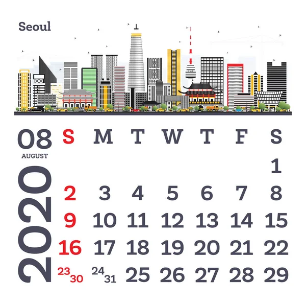 Augusztus 2020 Naptár sablon Szöul város Skyline. — Stock Vector