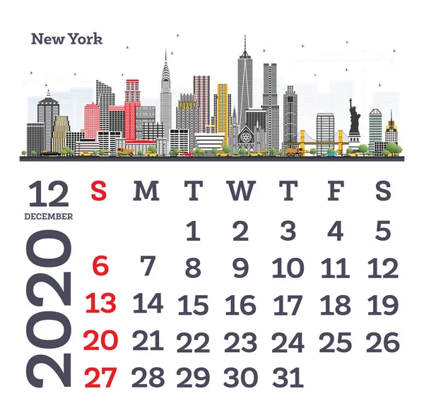 Dicembre 2020 Calendario Template con New York City Skyline . — Vettoriale Stock