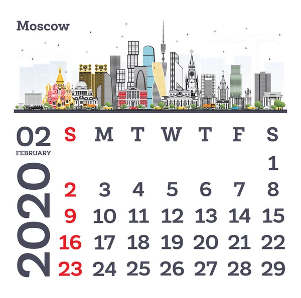 Modelo de calendário de fevereiro 2020 com Moscow City Skyline . —  Vetores de Stock