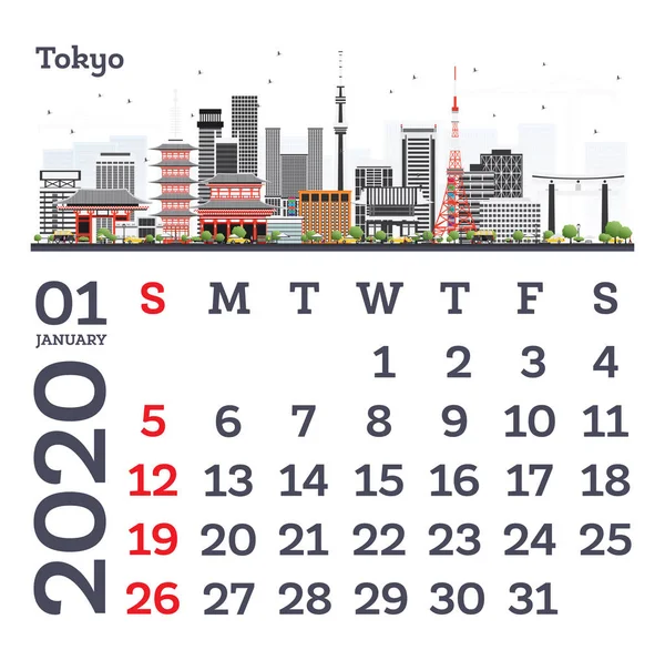 Šablona kalendáře leden 2020 s tokijským městem Skyline. — Stockový vektor