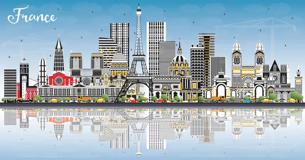 Bienvenido a France Skyline con edificios grises, Blue Sky y Refl — Vector de stock