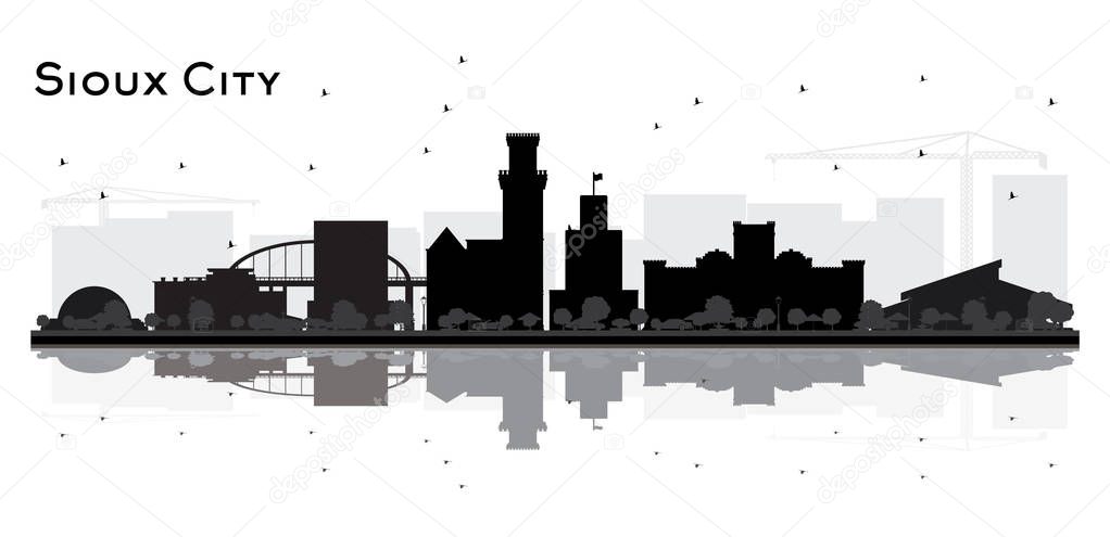 Sioux City skyline black and white silhouette with Reflections. 