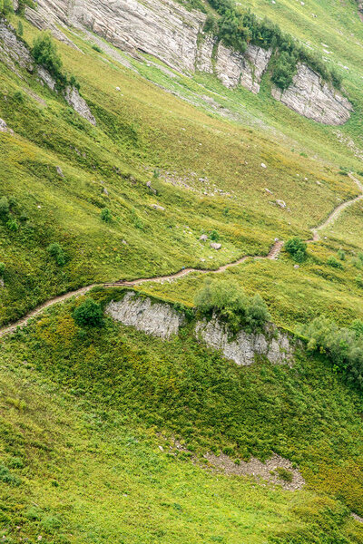 Hiking Trail in the Mountains. Aerial View. Green Alpine Meadows