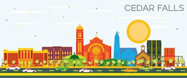 Cedar Falls Iowa manzarası renkli binalar ve mavi gökyüzü ile. 