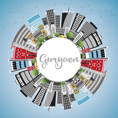 Gri Binalar, Mavi Gökyüzü ve Cop ile Gurgaon Hindistan Şehir Skyline