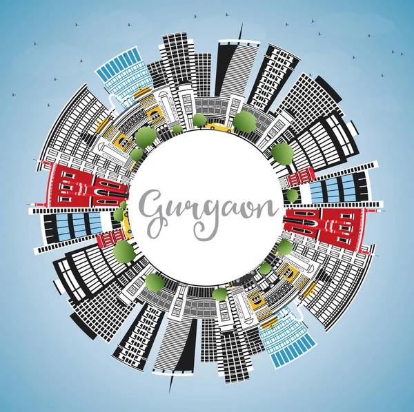 Gurgaon Índia City Skyline com edifícios cinzentos, céu azul e policial — Vetor de Stock