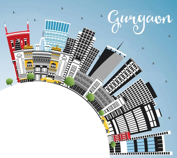 Gurgaon India város Skyline a szürke épületek, kék ég és zsaru — Stock Vector