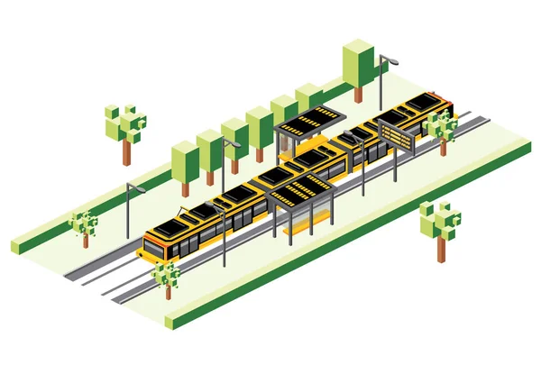 İzometrik Tramvay İstasyonu Beyaz izole. Demiryolu Elektrikli Tren — Stok Vektör