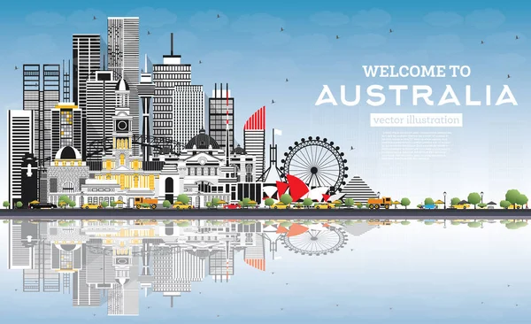 Добро пожаловать в Австралию Skyline с серыми зданиями, голубым небом и R — стоковый вектор