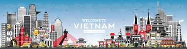 Gri binalar ve mavi gökyüzü ile Vietnam siluetine hoş geldiniz. 