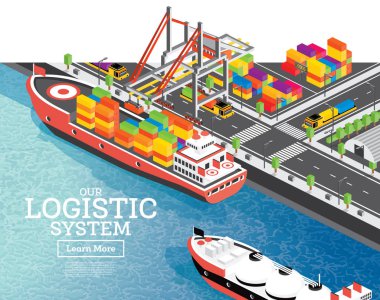 Konteyner gemisi ile izometrik deniz limanı. Gantry vinç yükleri kargo