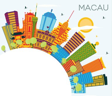 Macau Çin şehir silueti ile renkli binalar, mavi gökyüzü ve kopya