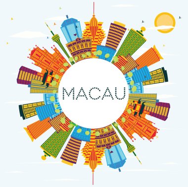 Macau Çin şehir silueti ile renkli binalar, mavi gökyüzü ve kopya