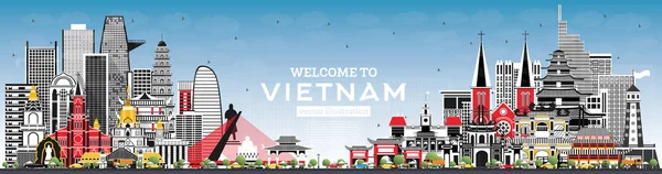 Bem-vindo ao Vietnã Skyline com edifícios cinza e céu azul . — Vetor de Stock