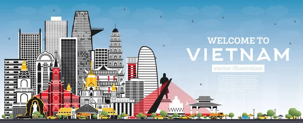 Üdvözöljük Vietnam Skyline a szürke épületek és kék ég. — Stock Vector