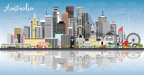 Australische Stadtsilhouette mit grauen Gebäuden, blauem Himmel und Spiegelung — Stockvektor