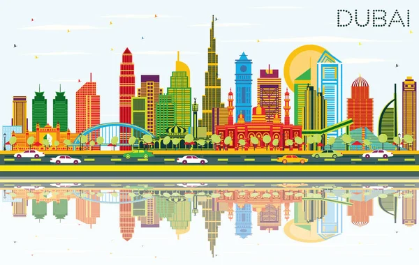 Dubai UAE City Skyline with Color Buildings, Blue Sky and Reflec — Stock Vector