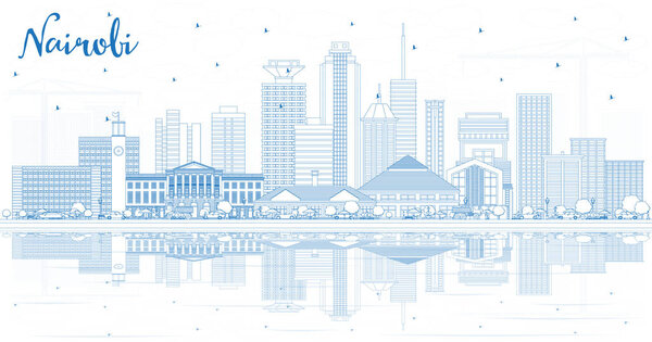 Outline Nairobi Kenya City Skyline with Blue Buildings and Refle