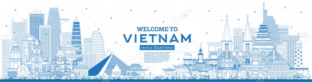 Outline Welcome to Vietnam Skyline with Blue Buildings.