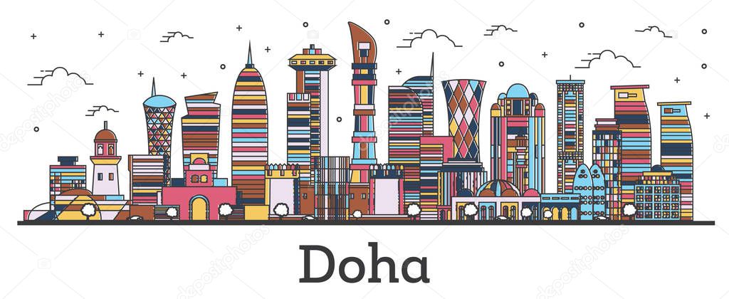Outline Doha Qatar City Skyline with Color Buildings Isolated on