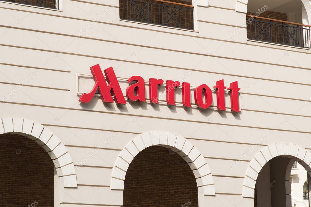 Esto Sadok. Sochi. Krasnaya Polyana. Russia - September 4, 2018: Sign Marriott on the Hotel. Marriott International, Inc. is an American Diversified Hospitality Company that Manages and Franchises Hotels.