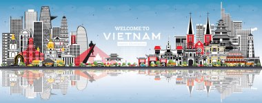 Gri binalar ve mavi gökyüzü ile Vietnam siluetine hoş geldiniz.
