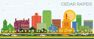 Renkli Binalar ve Mavi Gökyüzü ile Cedar Rapids Iowa Şehir Skyline