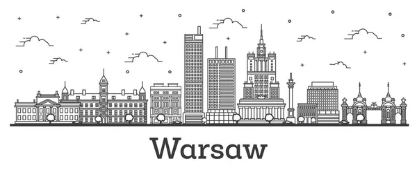 Outline Varsavia Poland City Skyline con edifici moderni Isolate — Vettoriale Stock