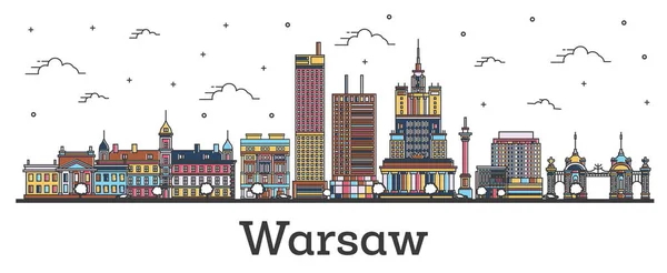 Zarys Warszawa Polska miasto Skyline z kolorami budynki izolowane — Wektor stockowy