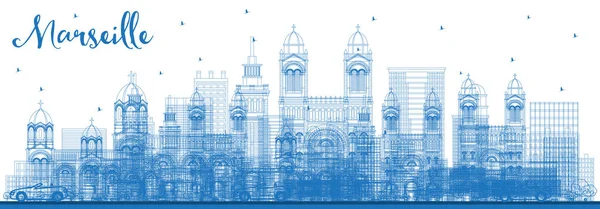 Esquema Marsella Francia Ciudad Skyline con edificios azules . — Vector de stock