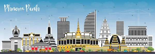 Phnom Penh Kambodzsa város Skyline a színes épületek és kék S — Stock Vector