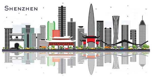 Shenzhen China City Skyline with Color Buildings and Reflections