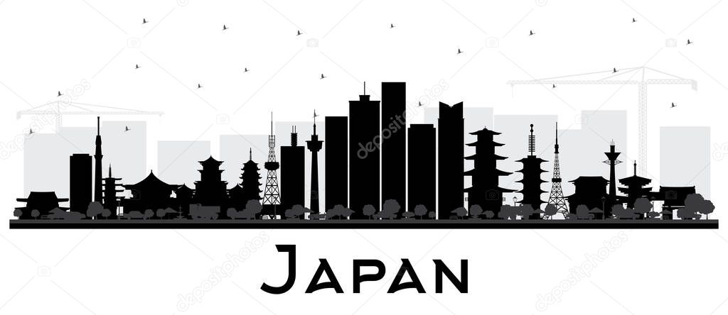 Japan City Skyline Silhouette with Black Buildings Isolated on W