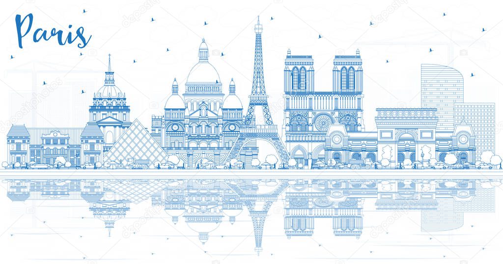 Outline Paris France City Skyline with Blue Buildings and Reflec