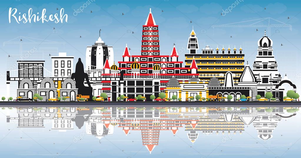 Rishikesh India City Skyline with Color Buildings, Blue Sky and 