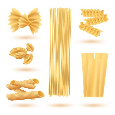 Isolated Set of Italian Pasta. Farfalle, Conchiglie, Linguine, M clipart