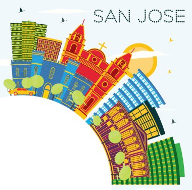 San Jose Kosta Rika Şehir Skyline Renkli Binalar, Mavi Gökyüzü ile 
