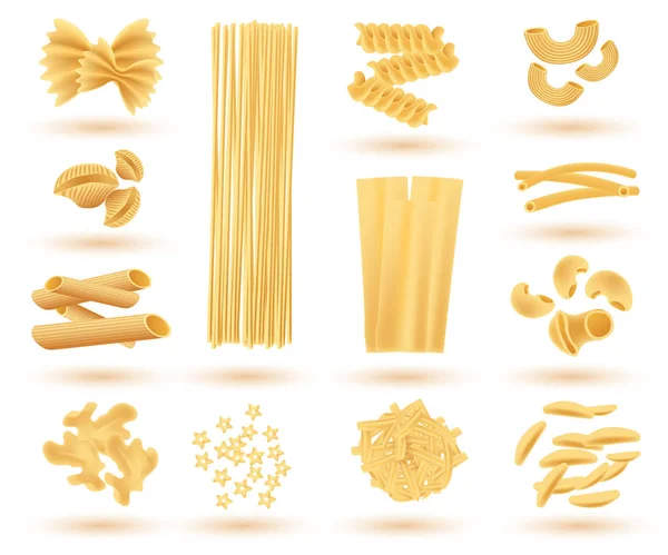 Izolowany zestaw włoskiego makaronu. Farfalle, Conchiglie, Linguine, M — Wektor stockowy