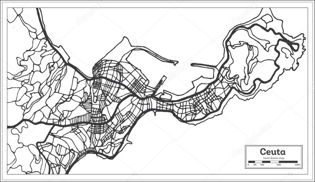 Ceuta Spain City Map iin Black and White Color. Outline Map. 