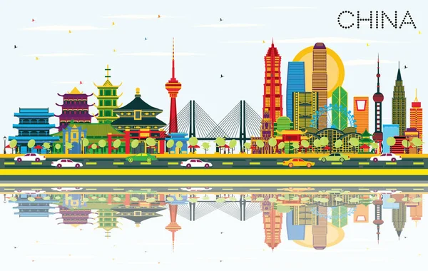 China City Skyline with Color Buildings and Reflections (dalam bahasa Inggris). Terkenal - Stok Vektor