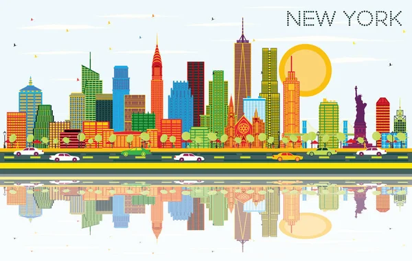 New York USA City Skyline with Color Skyscrapers, Blue Sky and R — Stock Vector