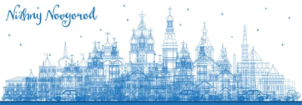 Esquema Nizhny Novgorod Rusia Ciudad Skyline con edificios azules . — Vector de stock