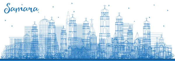 Esquema Samara Rusia Ciudad Skyline con edificios azules . — Vector de stock