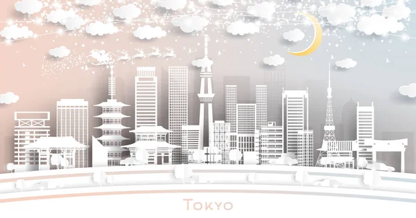 Tokyo Japan City Skyline en estilo de corte de papel con copos de nieve, Moo — Vector de stock