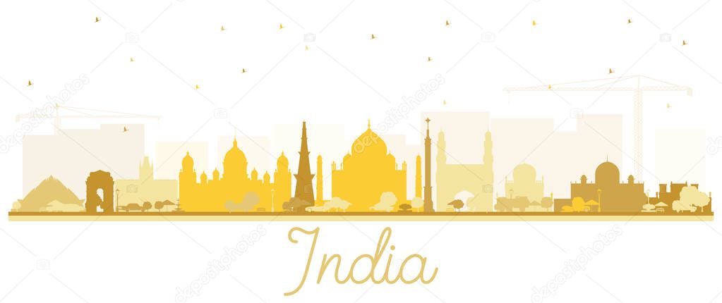 India City Skyline Silhouette with Golden Buildings Isolated on White. Delhi. Hyderabad. Kolkata. Vector Illustration. Tourism Concept with Historic Architecture. India Cityscape with Landmarks.