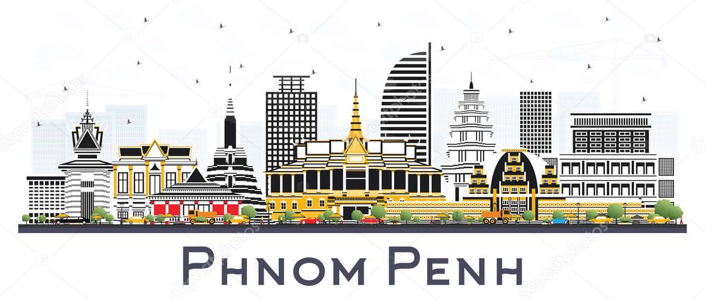 Phnom Penh Cambodia City Skyline with Color Buildings Isolated o