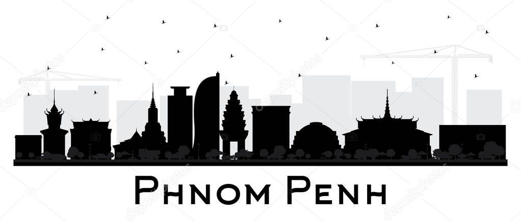 Phnom Penh Cambodia City Skyline Silhouette with Black Buildings