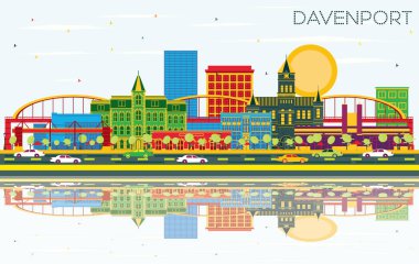 Davenport Iowa manzarası renkli binalar, mavi gökyüzü ile Reflec